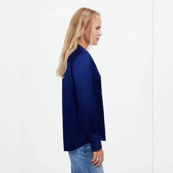 NWT Madewell Silk Flap-Pocket Button-Up Shirt $148 deep cobalt Blue medium - Picture 2 of 11
